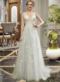 Quinn A-Line V-neck Court Train Wedding Dress With Lace UKP0013829