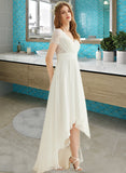 Paula A-Line V-neck Asymmetrical Chiffon Lace Wedding Dress UKP0013831