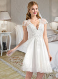 Simone A-Line V-neck Knee-Length Tulle Wedding Dress With Lace Beading Appliques Lace Sequins UKP0013835