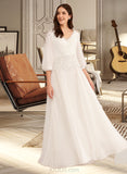 Elle A-Line V-neck Floor-Length Wedding Dress With Lace UKP0013836