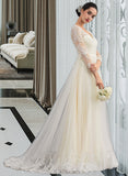 Sophia Ball-Gown/Princess V-neck Sweep Train Tulle Wedding Dress UKP0013839