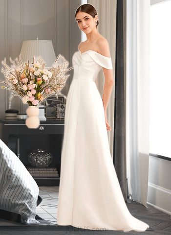 Lindsey A-Line Off-the-Shoulder Sweep Train Wedding Dress With Ruffle Split Front UKP0013840