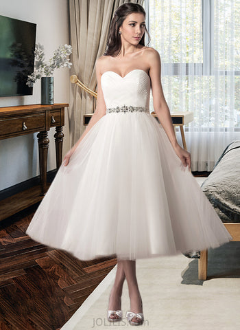 Minnie A-Line Sweetheart Tea-Length Tulle Wedding Dress With Ruffle Beading Sequins UKP0013842