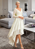 Rosie A-Line V-neck Asymmetrical Satin Lace Wedding Dress UKP0013843