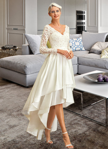 Rosie A-Line V-neck Asymmetrical Satin Lace Wedding Dress UKP0013843