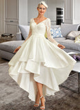 Rosie A-Line V-neck Asymmetrical Satin Lace Wedding Dress UKP0013843