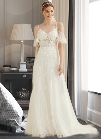 Avah A-Line Sweep Train Tulle Lace Wedding Dress With Beading UKP0013846