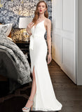 Jo Sheath/Column V-neck Sweep Train Stretch Crepe Wedding Dress With Bow(s) Split Front UKP0013847