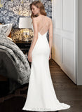 Jo Sheath/Column V-neck Sweep Train Stretch Crepe Wedding Dress With Bow(s) Split Front UKP0013847