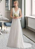 Annabelle A-Line V-neck Sweep Train Chiffon Wedding Dress With Ruffle UKP0013849