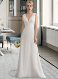 Annabelle A-Line V-neck Sweep Train Chiffon Wedding Dress With Ruffle UKP0013849