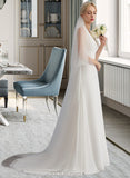 Annabelle A-Line V-neck Sweep Train Chiffon Wedding Dress With Ruffle UKP0013849