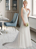 Annabelle A-Line V-neck Sweep Train Chiffon Wedding Dress With Ruffle UKP0013849