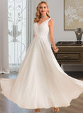 Mackenzie A-Line V-neck Floor-Length Chiffon Wedding Dress With Ruffle UKP0013854