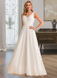 Mackenzie A-Line V-neck Floor-Length Chiffon Wedding Dress With Ruffle UKP0013854