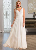 Mackenzie A-Line V-neck Floor-Length Chiffon Wedding Dress With Ruffle UKP0013854