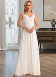 Mackenzie A-Line V-neck Floor-Length Chiffon Wedding Dress With Ruffle UKP0013854