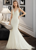 Brisa Trumpet/Mermaid V-neck Court Train Chiffon Lace Wedding Dress UKP0013855