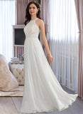 Reina A-Line Scoop Neck Floor-Length Chiffon Wedding Dress UKP0013857