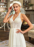 Giana A-Line Halter Sweep Train Chiffon Lace Wedding Dress UKP0013858