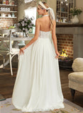 Giana A-Line Halter Sweep Train Chiffon Lace Wedding Dress UKP0013858