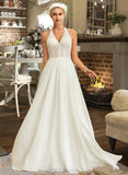 Giana A-Line Halter Sweep Train Chiffon Lace Wedding Dress UKP0013858