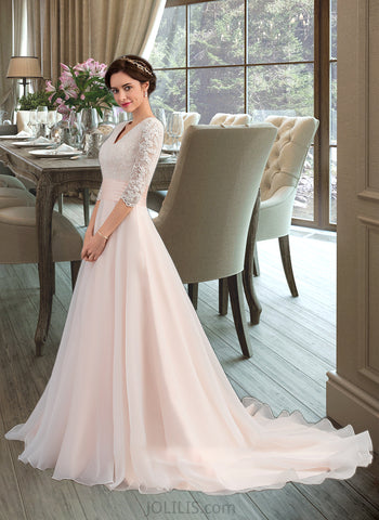 Karina Ball-Gown/Princess V-neck Court Train Organza Wedding Dress With Ruffle UKP0013861