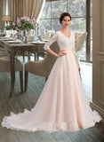 Karina Ball-Gown/Princess V-neck Court Train Organza Wedding Dress With Ruffle UKP0013861