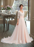 Karina Ball-Gown/Princess V-neck Court Train Organza Wedding Dress With Ruffle UKP0013861