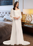 Kelsie A-Line V-neck Chapel Train Wedding Dress With Split Front UKP0013862