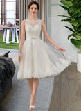 Lesly A-Line Illusion Knee-Length Tulle Wedding Dress With Bow(s) UKP0013864