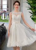 Lesly A-Line Illusion Knee-Length Tulle Wedding Dress With Bow(s) UKP0013864