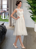 Lesly A-Line Illusion Knee-Length Tulle Wedding Dress With Bow(s) UKP0013864