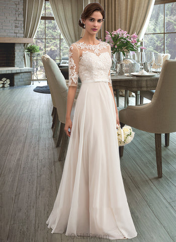 Callie A-Line Illusion Floor-Length Chiffon Wedding Dress With Beading Sequins Bow(s) UKP0013866