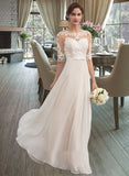 Callie A-Line Illusion Floor-Length Chiffon Wedding Dress With Beading Sequins Bow(s) UKP0013866