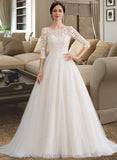 Savanah Ball-Gown/Princess Scoop Neck Court Train Tulle Wedding Dress With Sequins UKP0013868