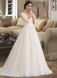 Savanah Ball-Gown/Princess Scoop Neck Court Train Tulle Wedding Dress With Sequins UKP0013868