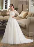 Savanah Ball-Gown/Princess Scoop Neck Court Train Tulle Wedding Dress With Sequins UKP0013868