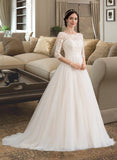 Savanah Ball-Gown/Princess Scoop Neck Court Train Tulle Wedding Dress With Sequins UKP0013868