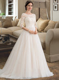 Savanah Ball-Gown/Princess Scoop Neck Court Train Tulle Wedding Dress With Sequins UKP0013868