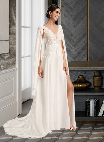 Cheyenne A-Line V-neck Court Train Wedding Dress With Sequins UKP0013869