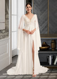 Cheyenne A-Line V-neck Court Train Wedding Dress With Sequins UKP0013869