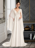 Cheyenne A-Line V-neck Court Train Wedding Dress With Sequins UKP0013869