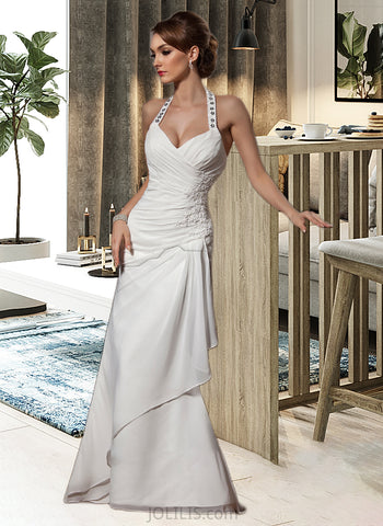 Genevieve Sheath/Column Halter Floor-Length Chiffon Satin Wedding Dress With Ruffle Beading Appliques Lace Sequins UKP0013874