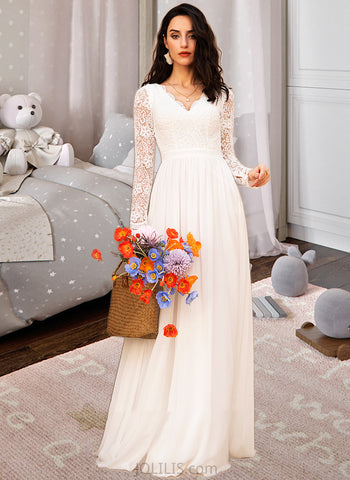 Saniya A-Line V-neck Floor-Length Chiffon Wedding Dress With Lace UKP0013875