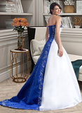 Lara Ball-Gown/Princess Strapless Court Train Satin Wedding Dress With Embroidered Sash Beading UKP0013876