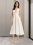 Keyla A-Line V-neck Tea-Length Wedding Dress With Pockets UKP0013878