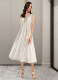 Keyla A-Line V-neck Tea-Length Wedding Dress With Pockets UKP0013878