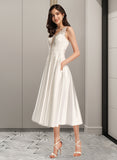 Keyla A-Line V-neck Tea-Length Wedding Dress With Pockets UKP0013878