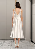 Keyla A-Line V-neck Tea-Length Wedding Dress With Pockets UKP0013878